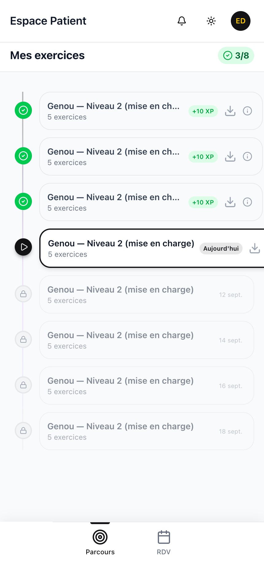 Écran exercices de l'app patient