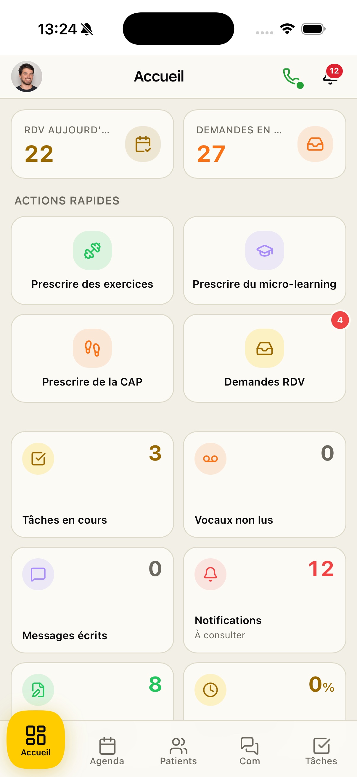 Accueil de l'app kiné avec notifications